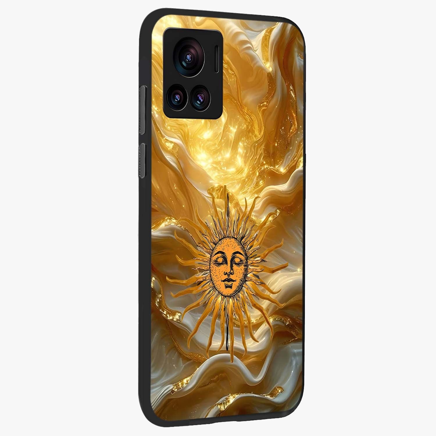 Eternal Golden Glow Glass Case upright view showcasing luminous golden artwork with luxurious visual theme.