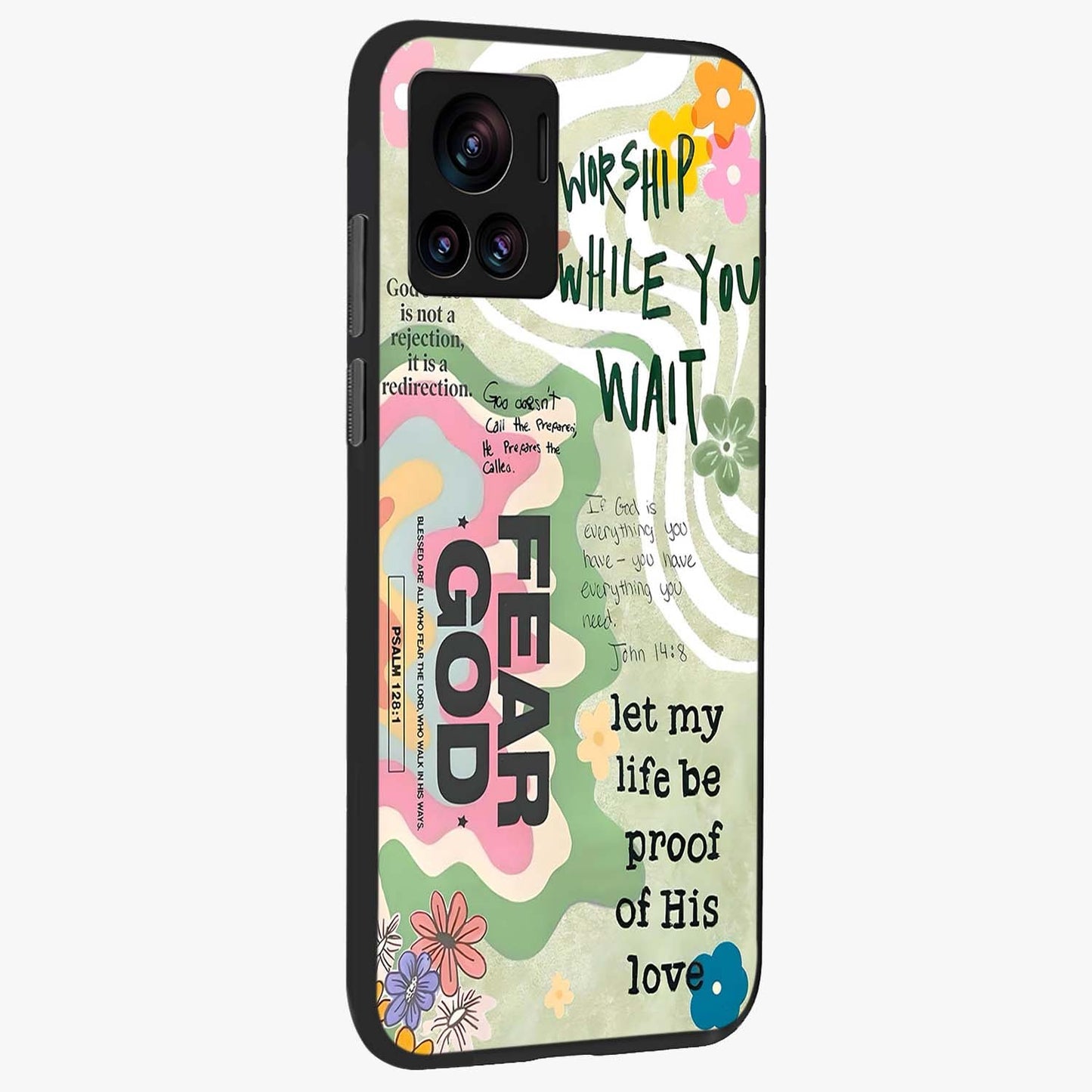 Faith Over Fear Glass Case upright view showcasing bold typography artwork with uplifting motivational theme.