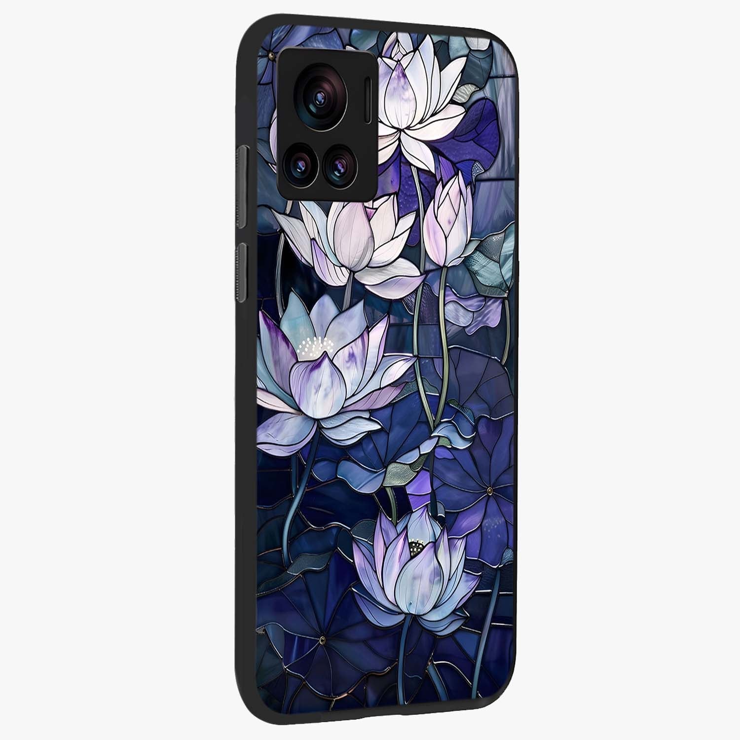 Gloss Petal Rush Glass Case upright view showcasing dynamic floral petal artwork with modern botanical theme.