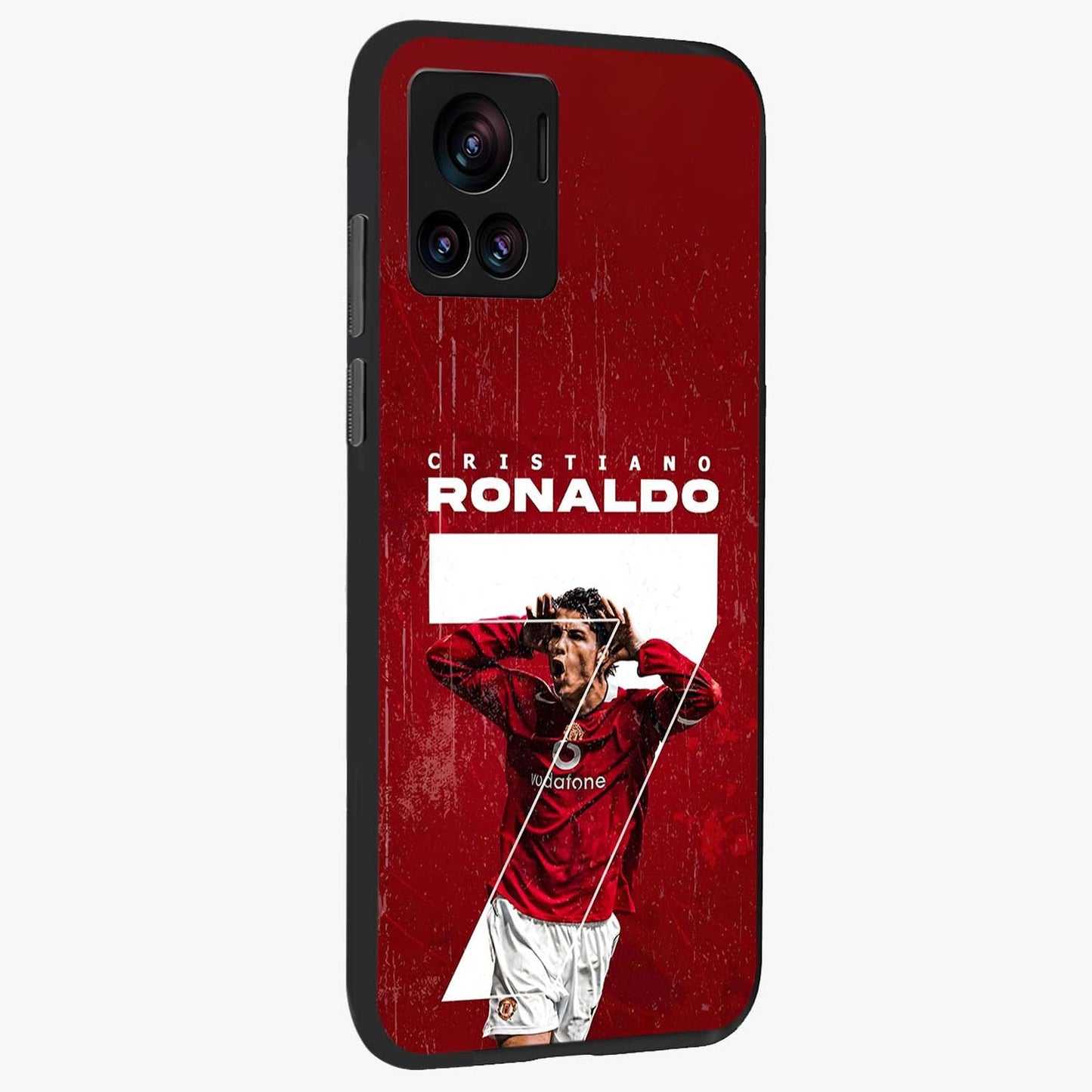 Goal Celebration Legacy Glass Case upright view showcasing dynamic football inspired artwork with victory celebration aesthetic.