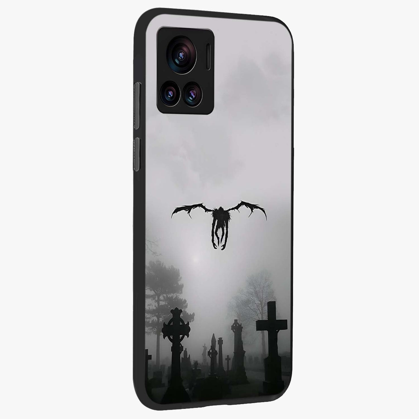 Graveyard Shadow Descent Glass Case upright view showcasing haunting graveyard artwork with dramatic dark theme.