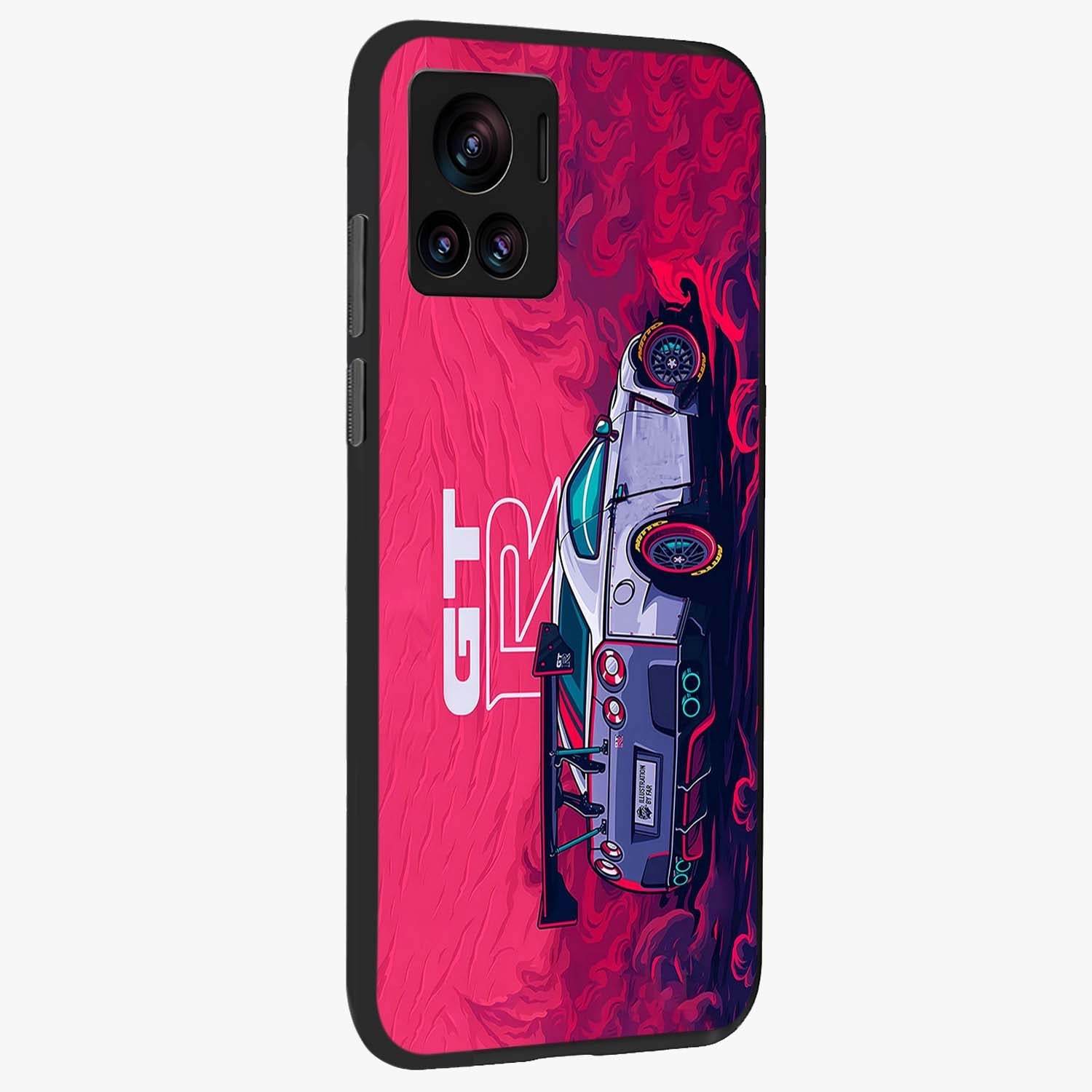GT-R Car Pattern Glass Case upright view showcasing dynamic car pattern artwork with modern sports theme.