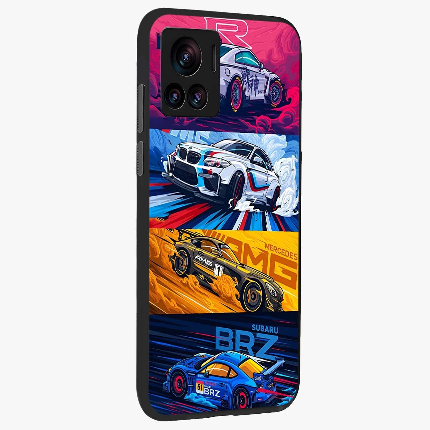 JDM Sports Car Glass Case upright view showcasing dynamic sports car artwork with bold racing theme.