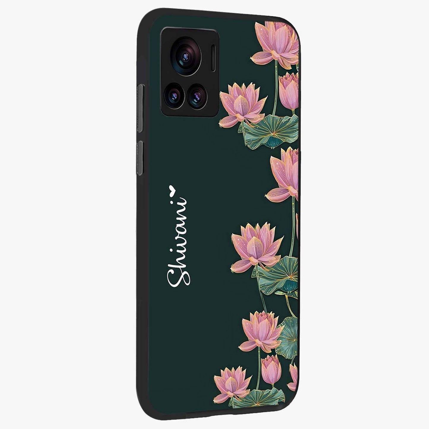 Lotus Bloom Serenity Custom Name Glass Case upright view showcasing serene lotus bloom artwork with personalized floral aesthetic.
