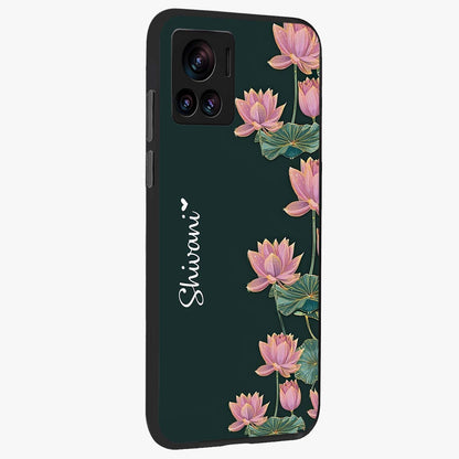 Lotus Bloom Serenity Custom Name Glass Case upright view showcasing serene lotus bloom artwork with personalized floral aesthetic.