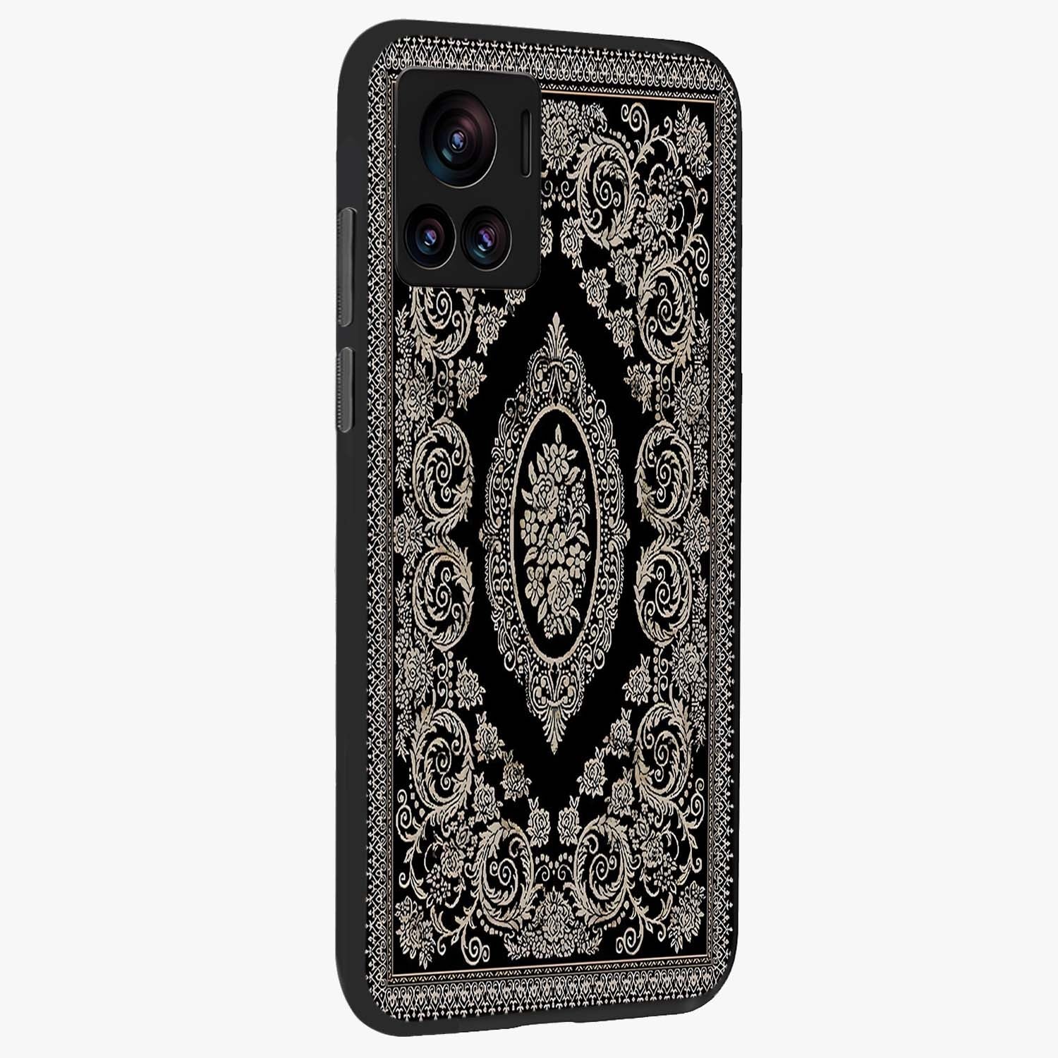 Noir Bloom Elegance Glass Case upright view showcasing graceful floral artwork with luxurious dark theme.