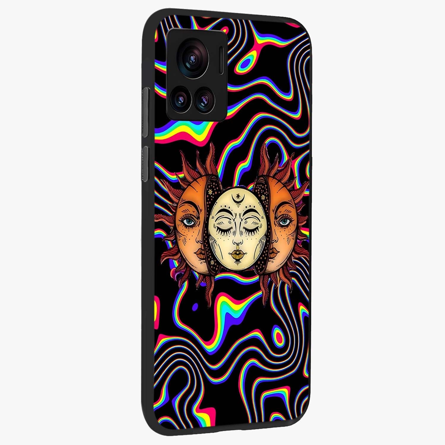 Psychedelic Sun Glass Case upright view showcasing trippy sun artwork with bold psychedelic theme.