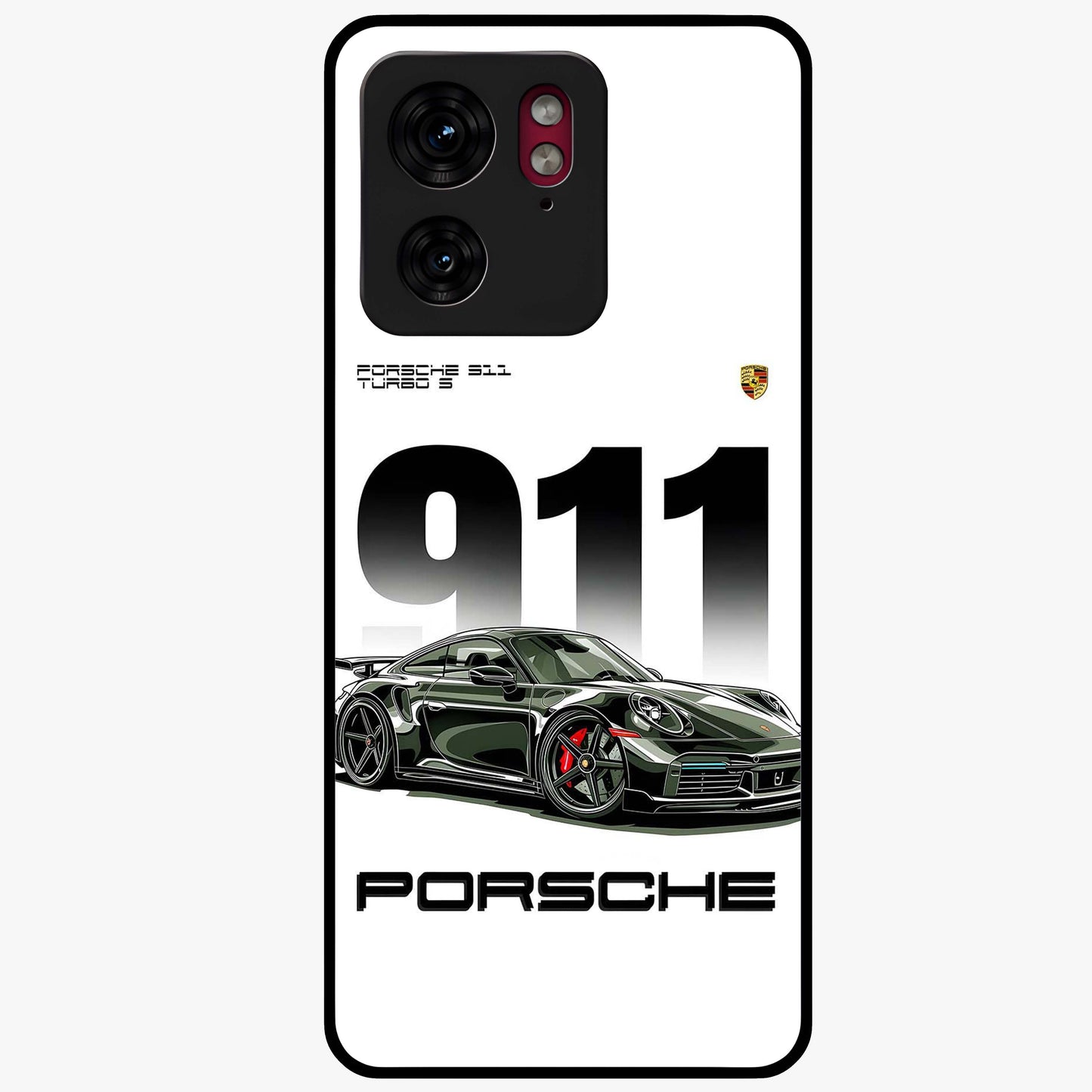 911 Turbo Dominance Glass Case showing clean flat back view with bold 911 sports car artwork and glossy glass finish.