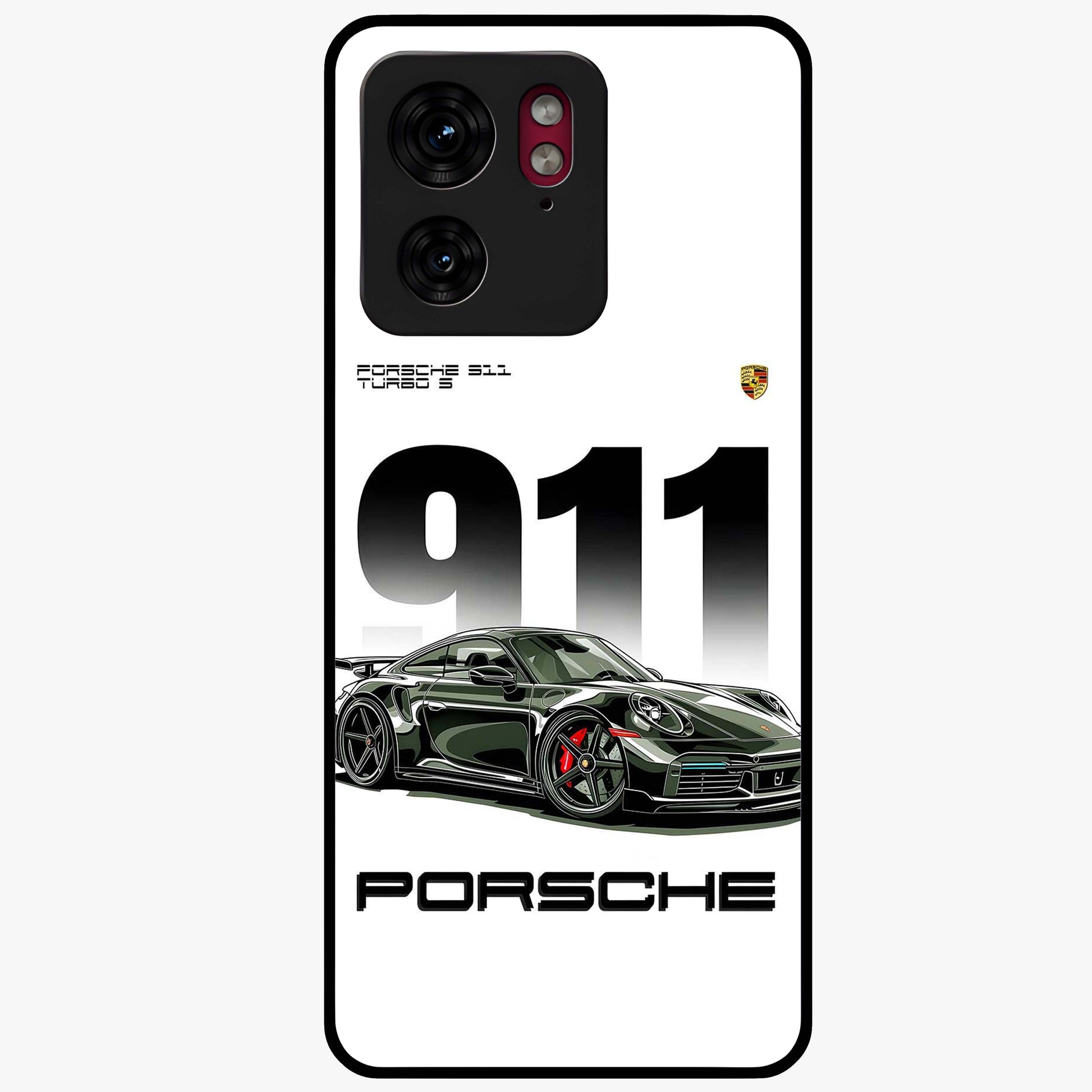 911 Turbo Dominance Glass Case showing clean flat back view with bold 911 sports car artwork and glossy glass finish.