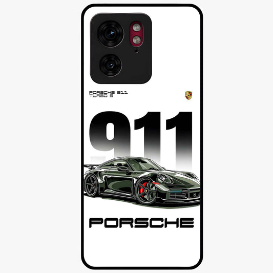 911 Turbo Dominance Glass Case showing clean flat back view with bold 911 sports car artwork and glossy glass finish.