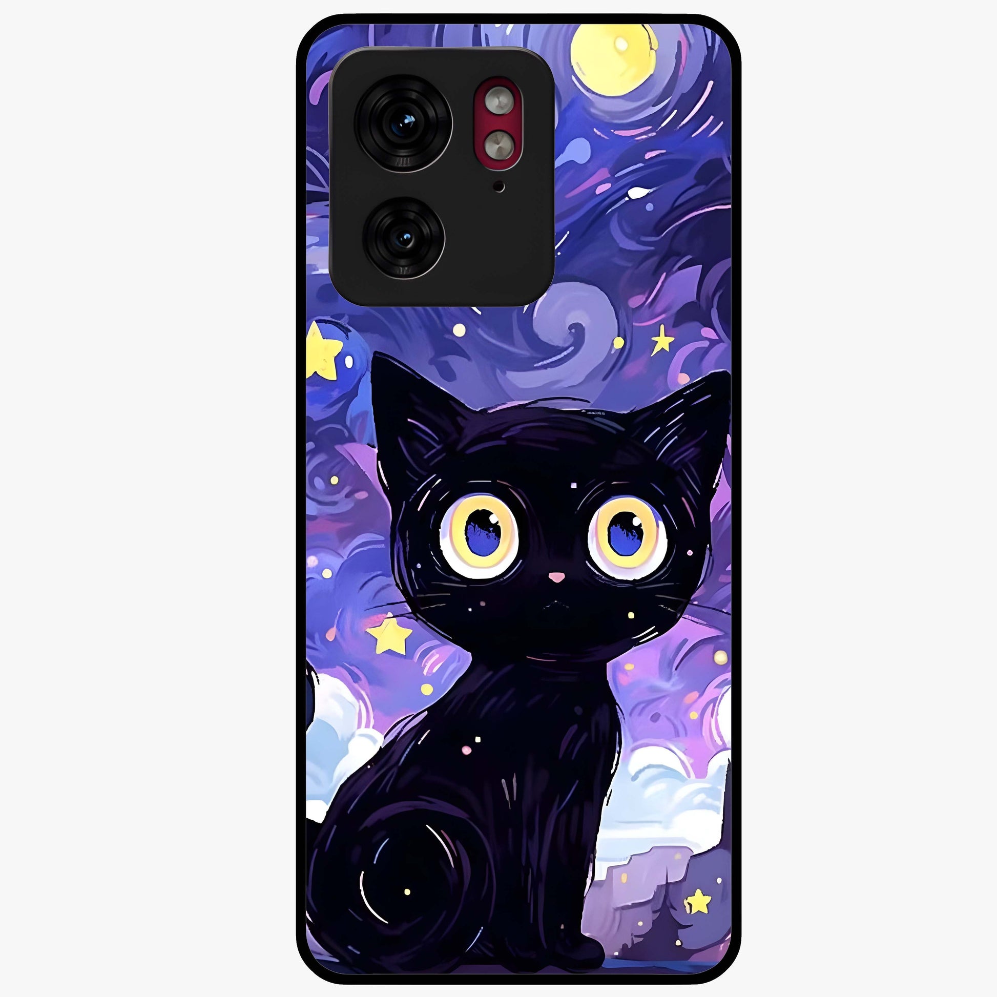 Abstract Cat Art Glass Case showing flat back view with artistic cat illustration and glossy glass finish.