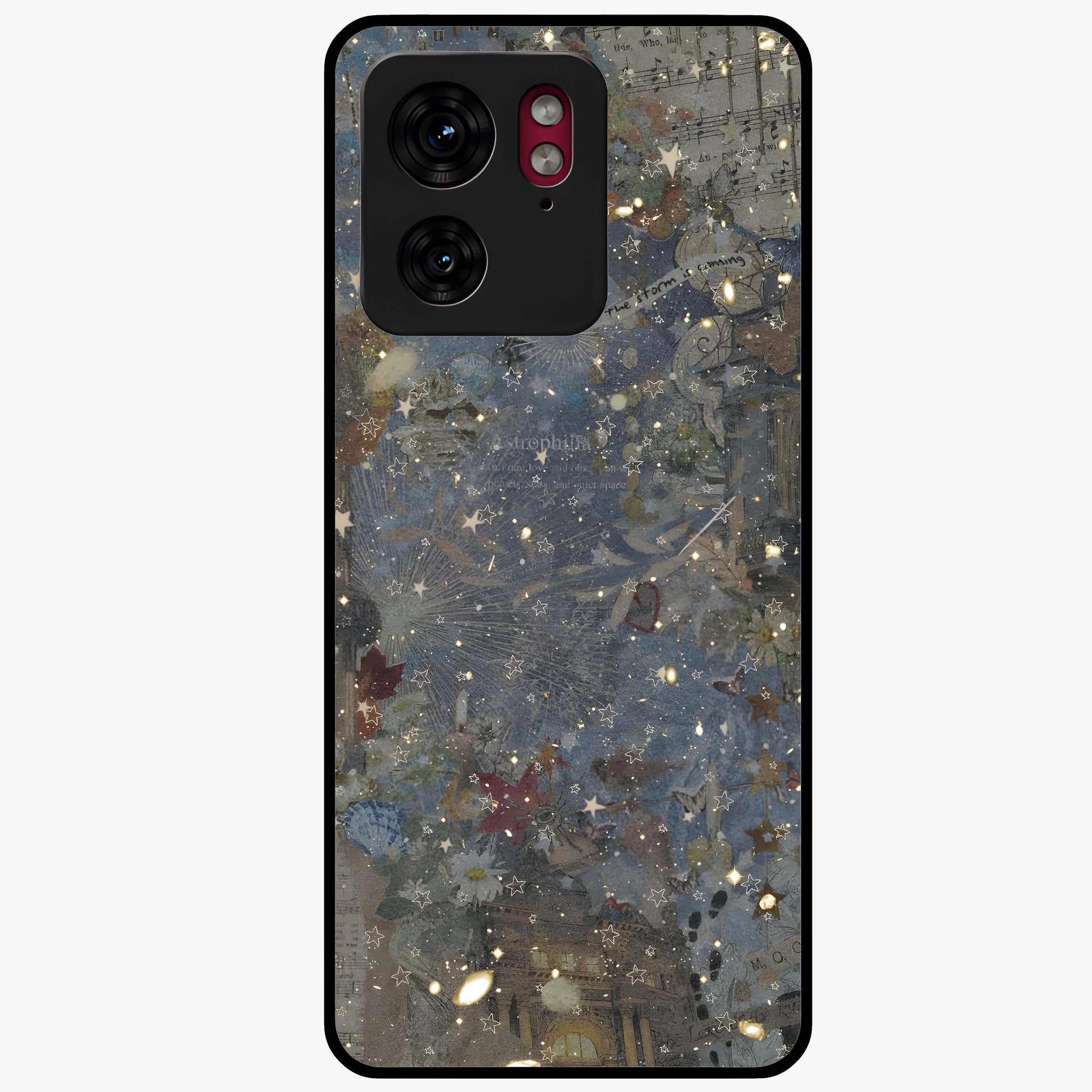 Aesthetic Astrolophia Glass Case showing flat back view with dreamy aesthetic design and glossy glass finish.
