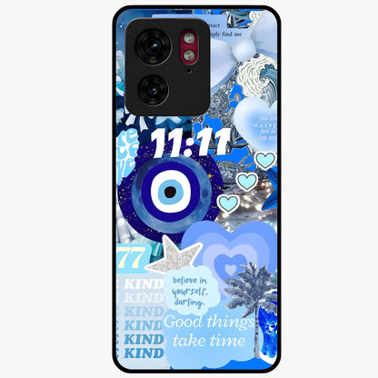 Aesthetic Be Kind Eye Glass Case showing flat back view with motivational eye artwork and glossy glass finish.