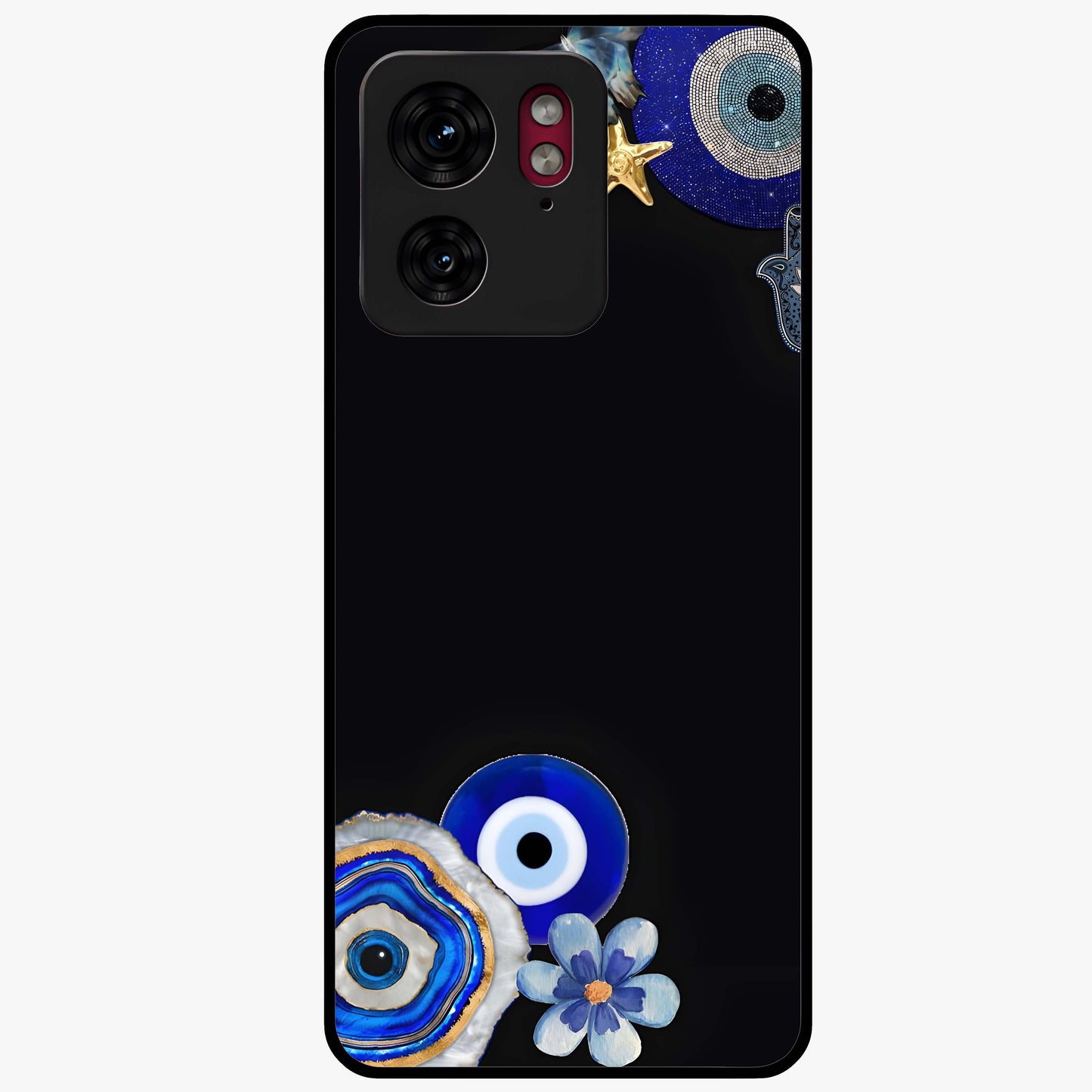 Aesthetic Blue Evil Eye Glass Case showing flat back view with protective evil eye artwork and glossy glass finish.