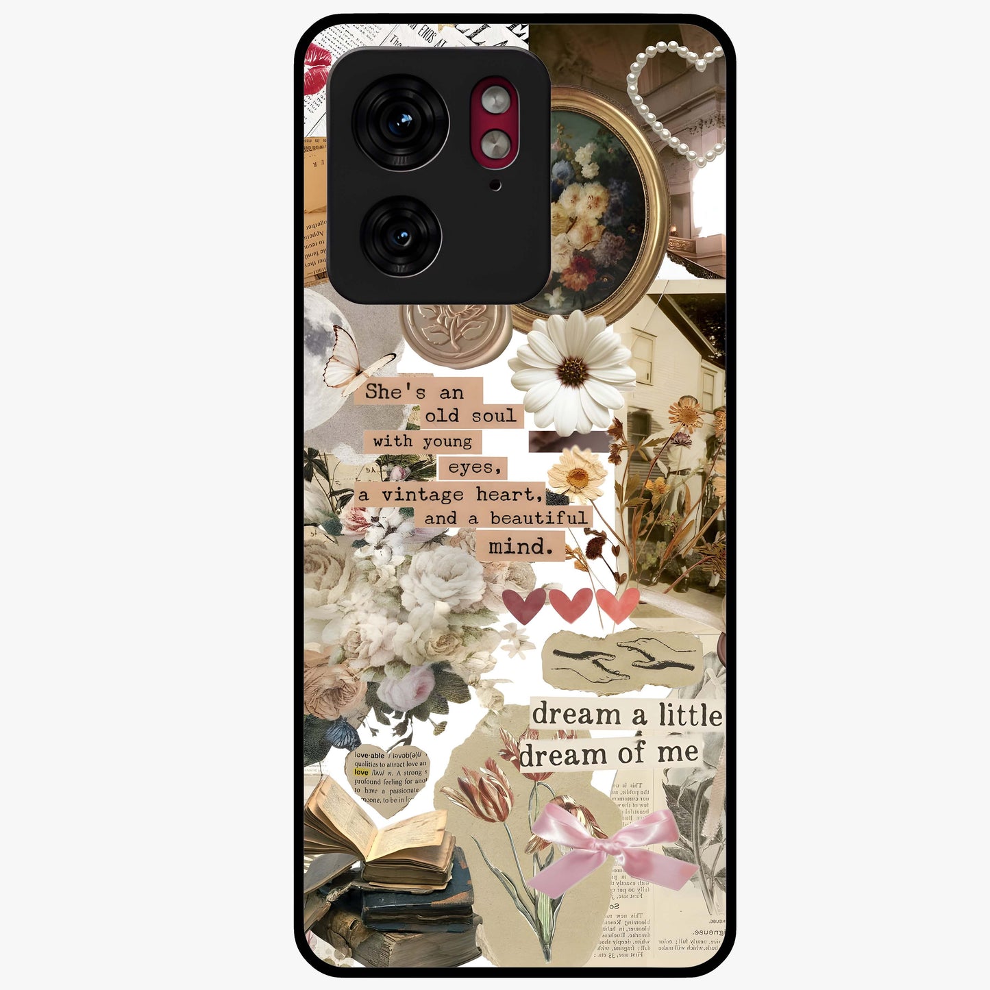 Aesthetic Brown Vintage Collage Glass Case showing flat back view with retro collage artwork and glossy glass finish.