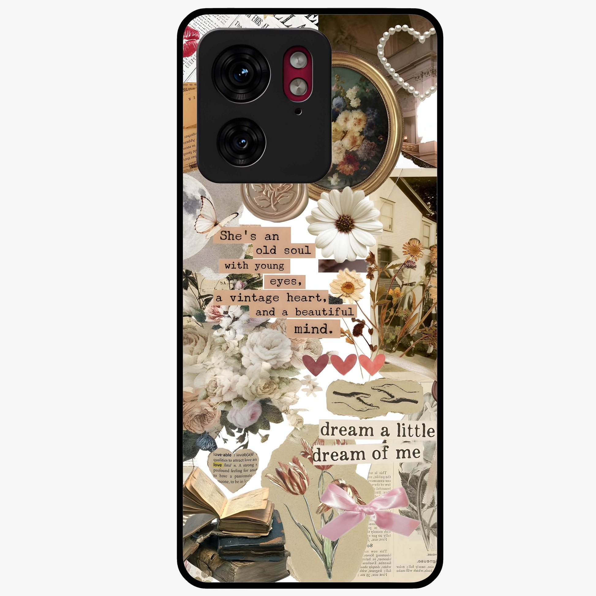 Aesthetic Brown Vintage Collage Glass Case showing flat back view with retro collage artwork and glossy glass finish.