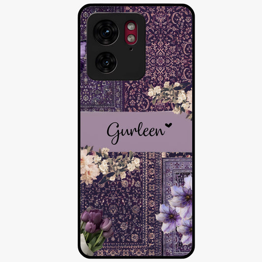 Antique Floral Whisper Custom Name Glass Case showing flat back view with vintage floral artwork and personalized name design.