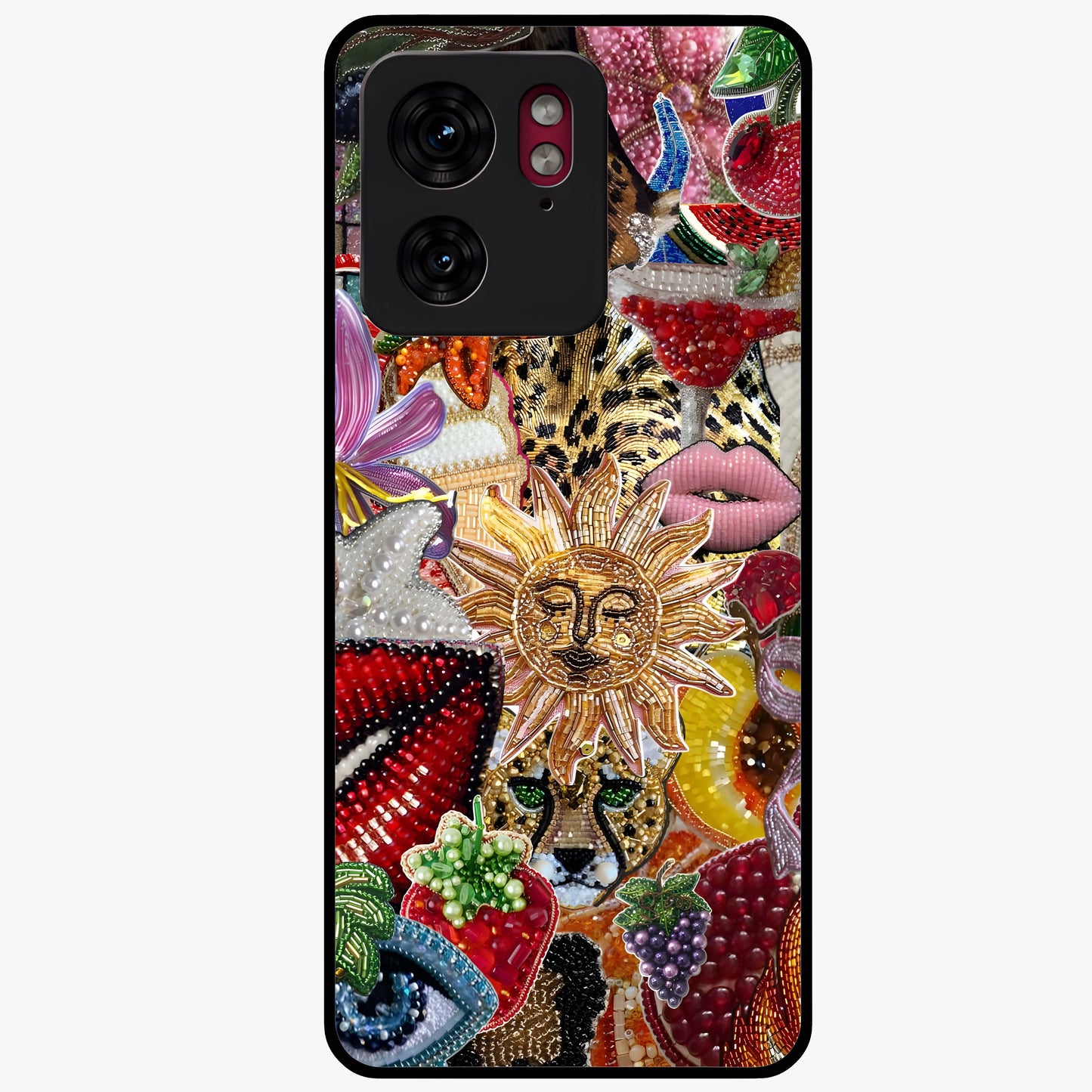 Beaded Fashion Jungle Glass Case showing flat back view with vibrant jungle inspired bead artwork and glossy glass finish.