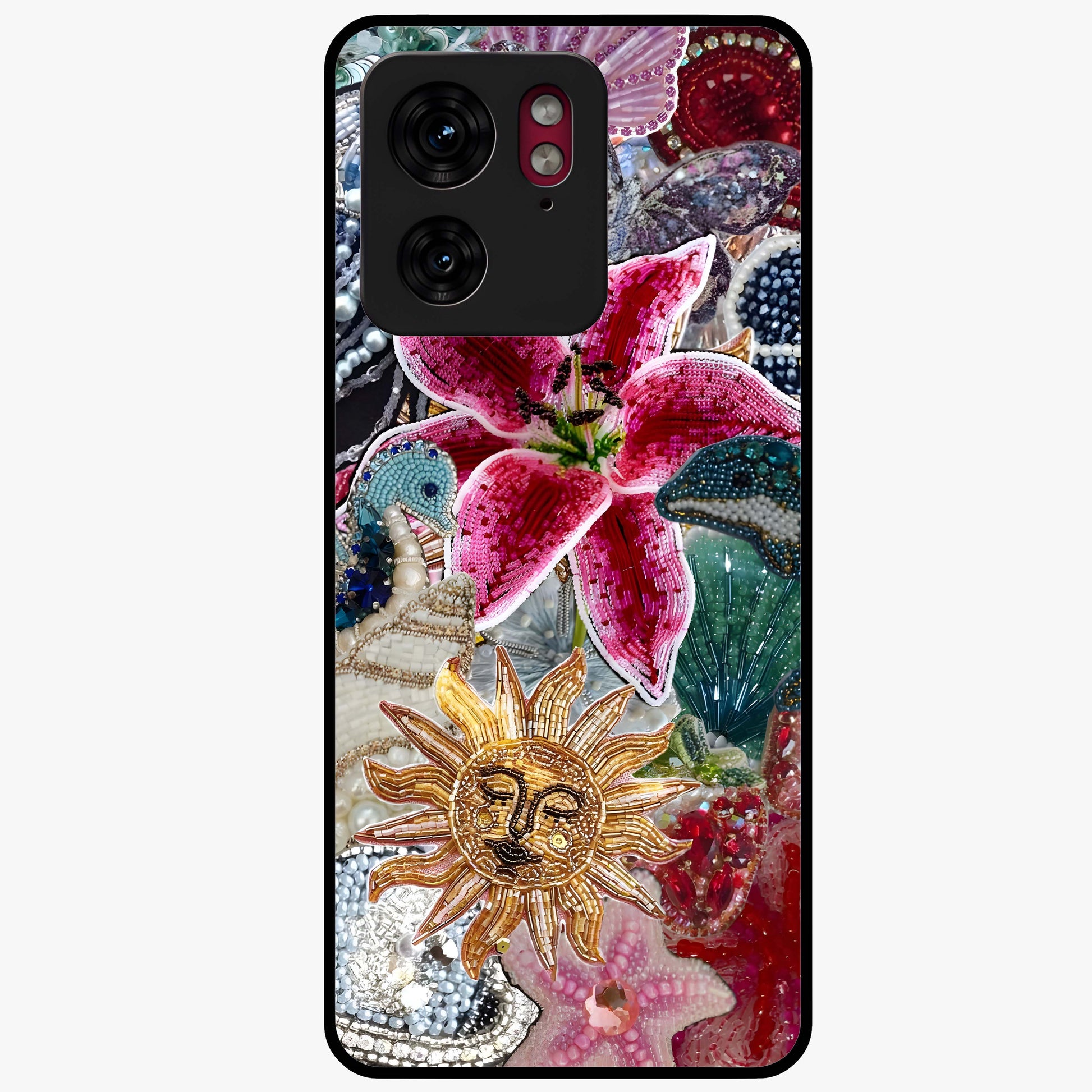 Beaded Garden Fantasy Glass Case showing flat back view with dreamy garden bead artwork and glossy glass finish.