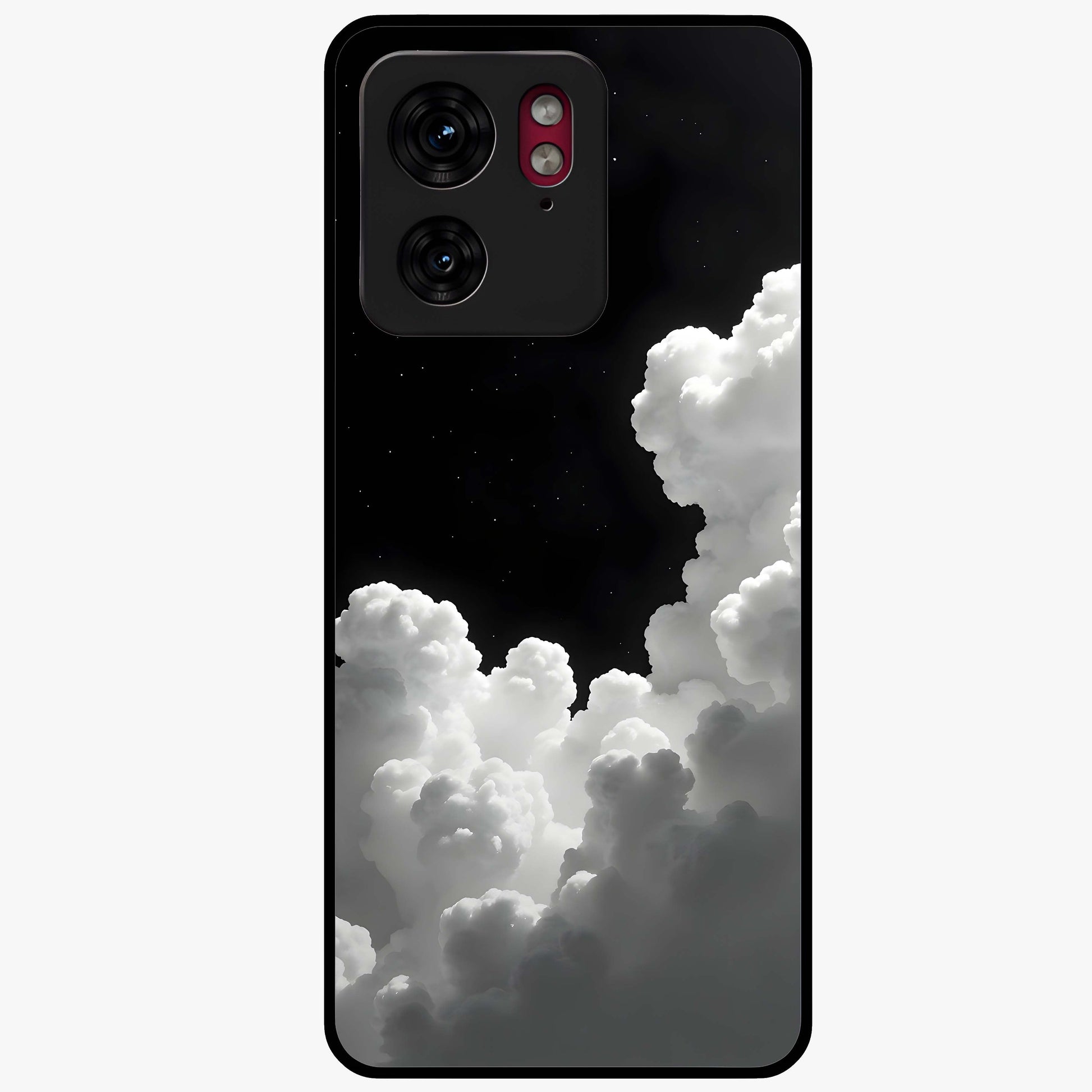 Black Background With White Cloud Glass Case showing flat back view with minimal cloud artwork on dark background and glossy glass finish.