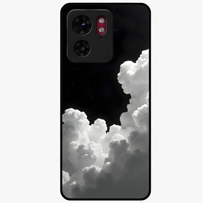 Black Background With White Cloud Glass Case showing flat back view with minimal cloud artwork on dark background and glossy glass finish.