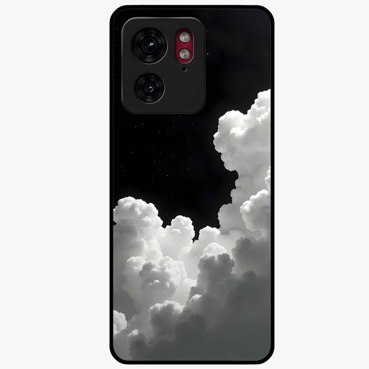 Black Background With White Cloud Glass Case showing flat back view with minimal cloud artwork on dark background and glossy glass finish.