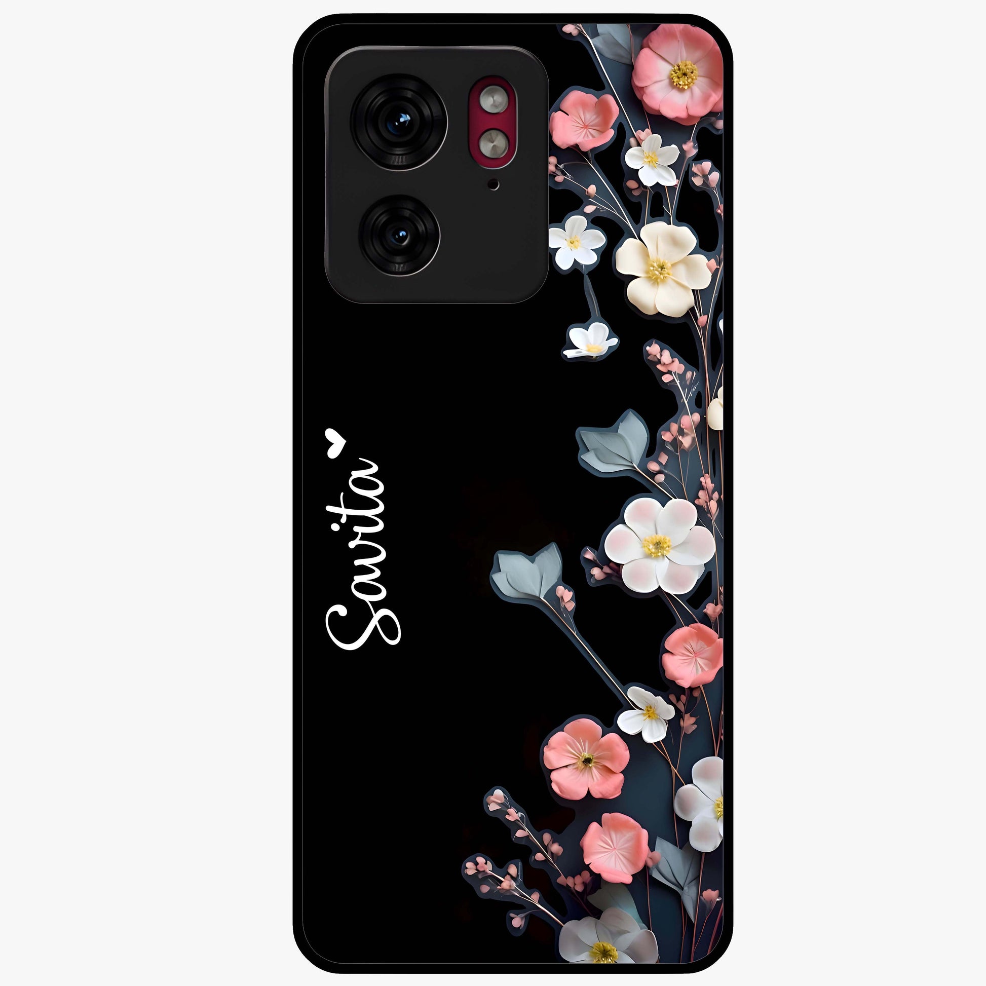 Black Elegance Floral Custom Name Glass Case showing flat back view with elegant floral artwork and personalized name design.