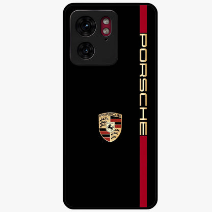Black Minimal Porsche Glass Case showing flat back view with sleek minimal sports car artwork and glossy glass finish.