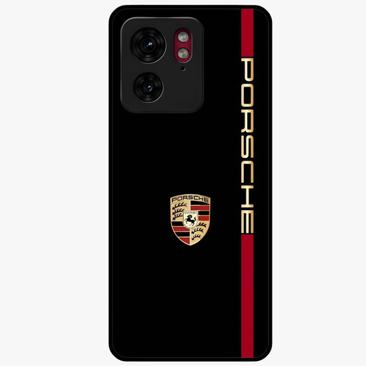 Black Minimal Porsche Glass Case showing flat back view with sleek minimal sports car artwork and glossy glass finish.