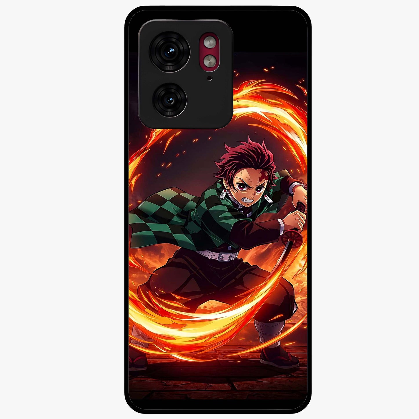 Blazing Sword Resolve Glass Case showing flat back view with fiery sword artwork and glossy glass finish.