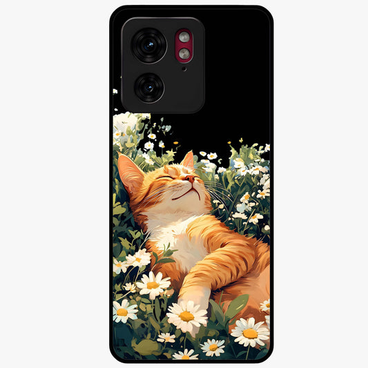 Blissful Bloom Cat Glass Case showing flat back view with cute cat and floral bloom artwork and glossy glass finish.