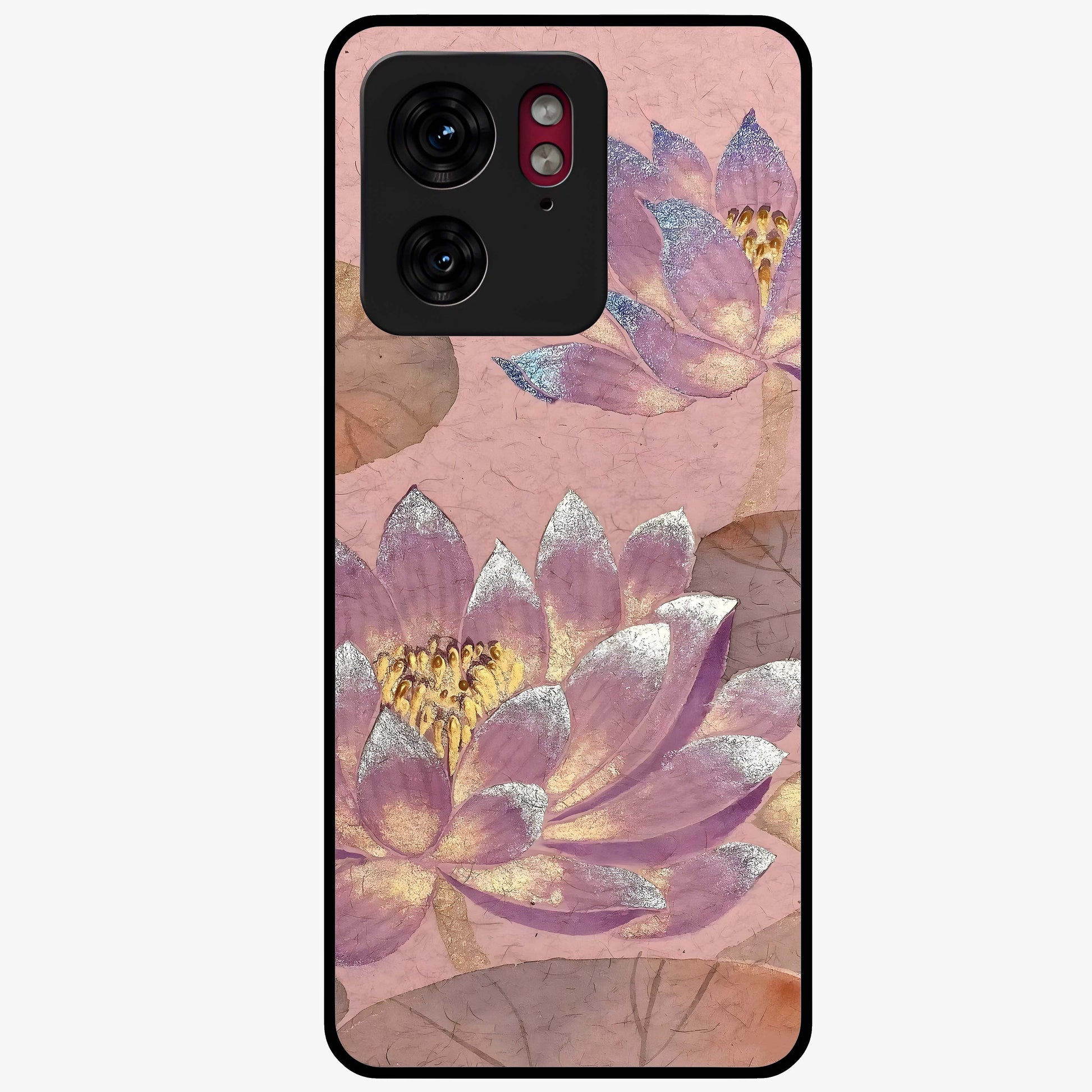 Blossom Mist Lotus Glass Case showing flat back view with serene lotus blossom artwork and glossy glass finish.