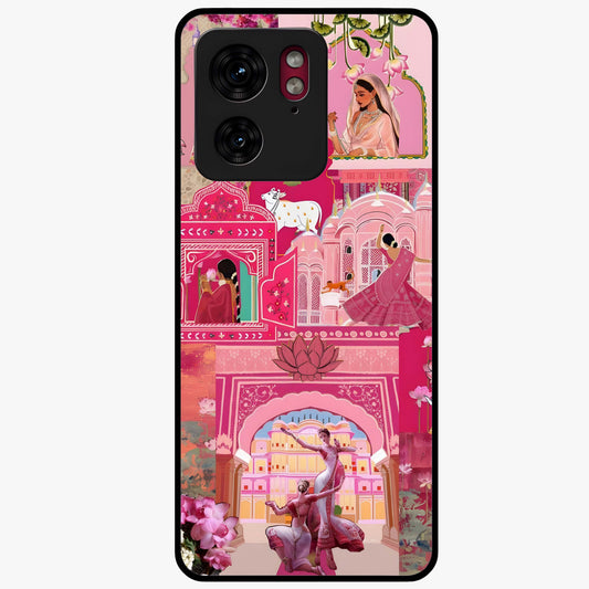 Blossoms of Rajasthan Glass Case showing flat back view with traditional floral artwork inspired by Rajasthan and glossy glass finish.