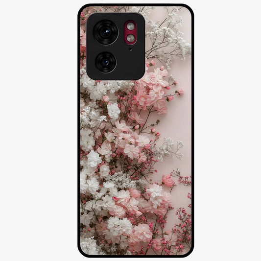Blush Blossom Cloud Glass Case showing flat back view with dreamy blush cloud blossom artwork and glossy glass finish.