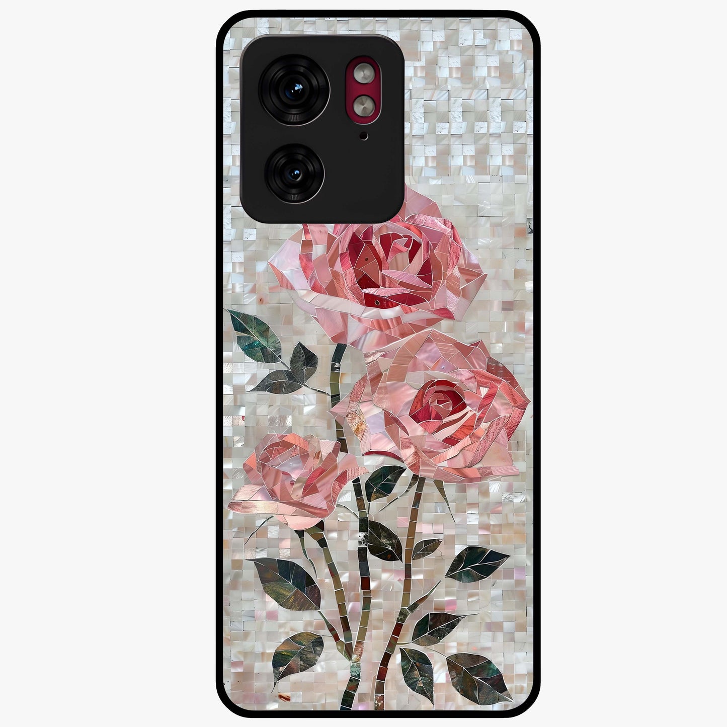 Blush Mosaic Bloom Glass Case showing flat back view with mosaic floral bloom artwork and glossy glass finish.