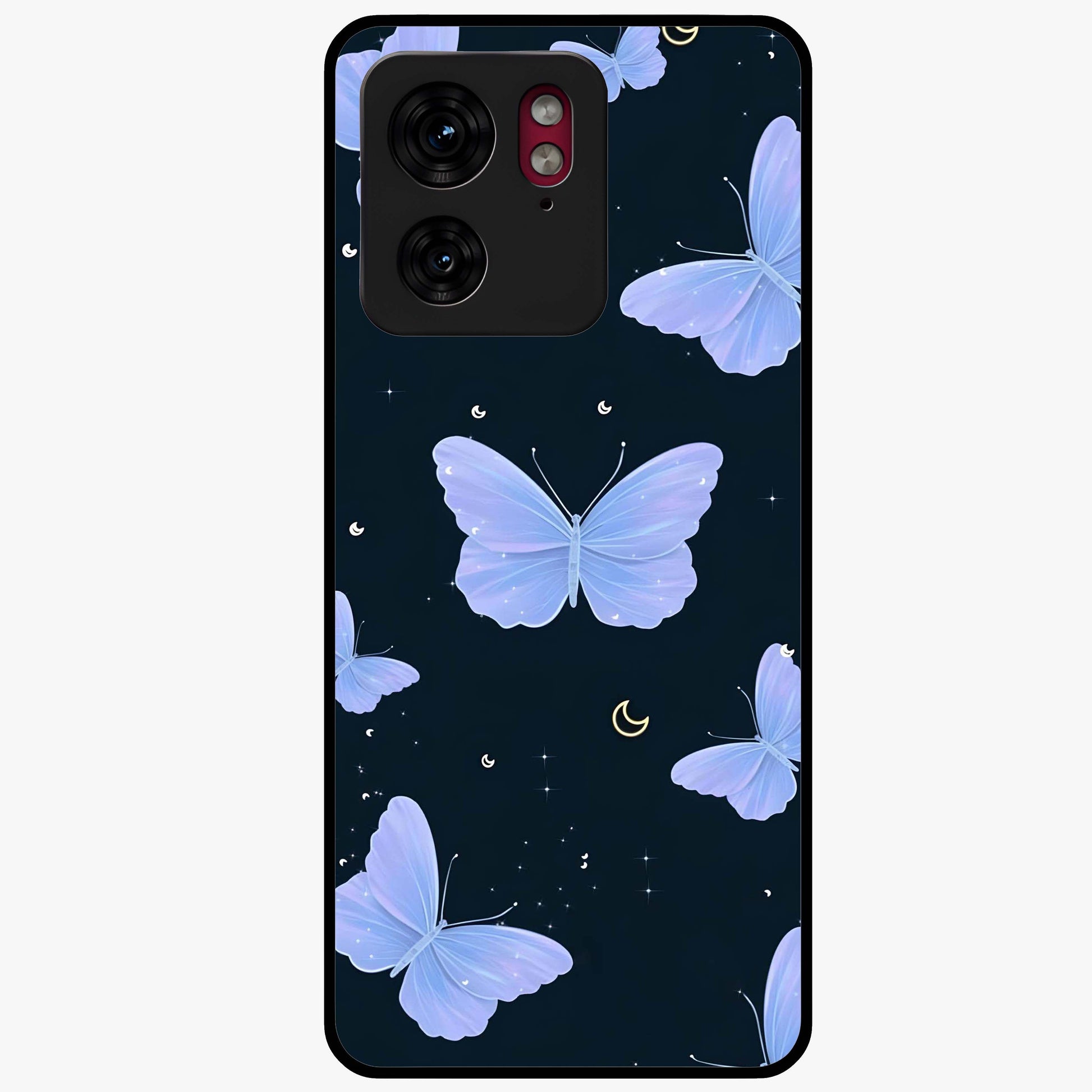 Butterfly With Stars Pattern Glass Case showing flat back view with butterfly and star pattern artwork and glossy glass finish.