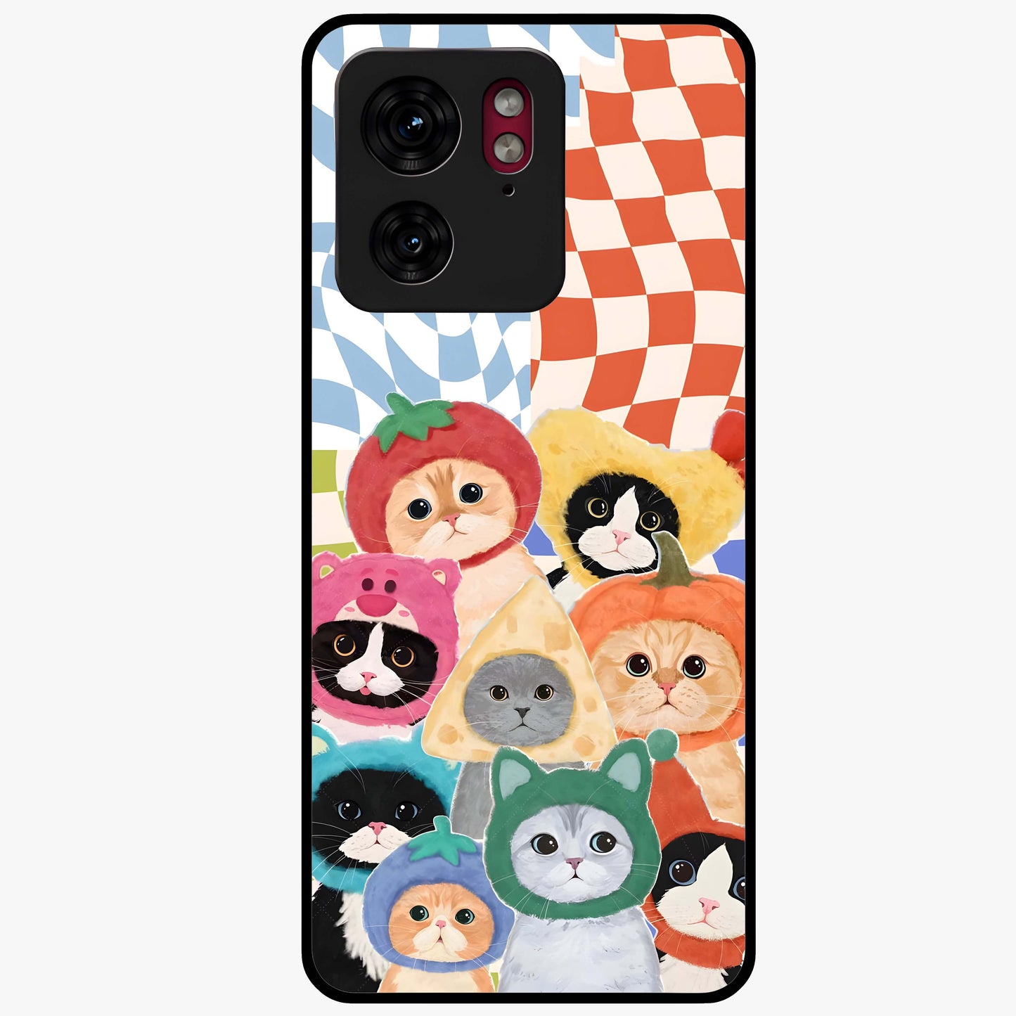 Cats in Fruits Glass Case showing flat back view with playful cat illustrations inside fruit artwork and glossy glass finish.