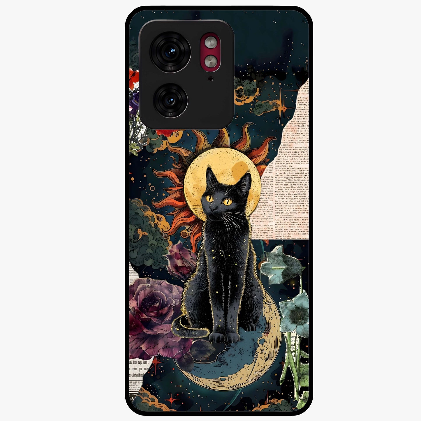 Celestial Black Cat Glass Case showing flat back view with mystical black cat artwork and glossy glass finish.