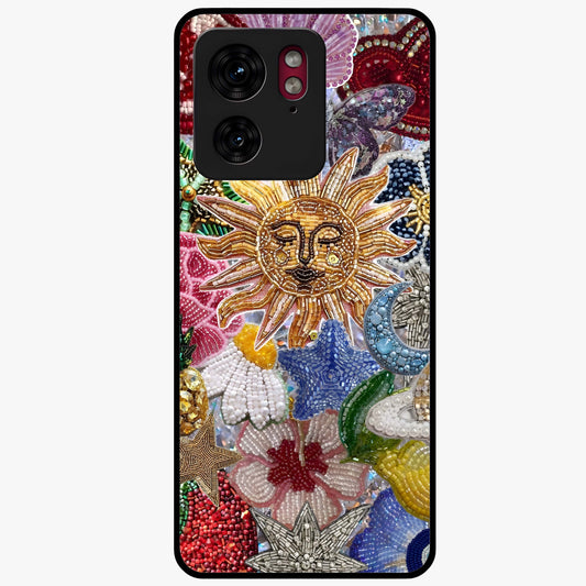 Celestial Floral and Playful Glass Case showing flat back view with floral and celestial themed artwork and glossy glass finish.