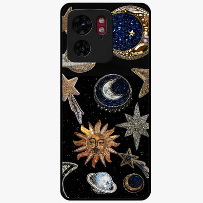 Celestial Gem Constellations Glass Case showing flat back view with sparkling constellation artwork and glossy glass finish.