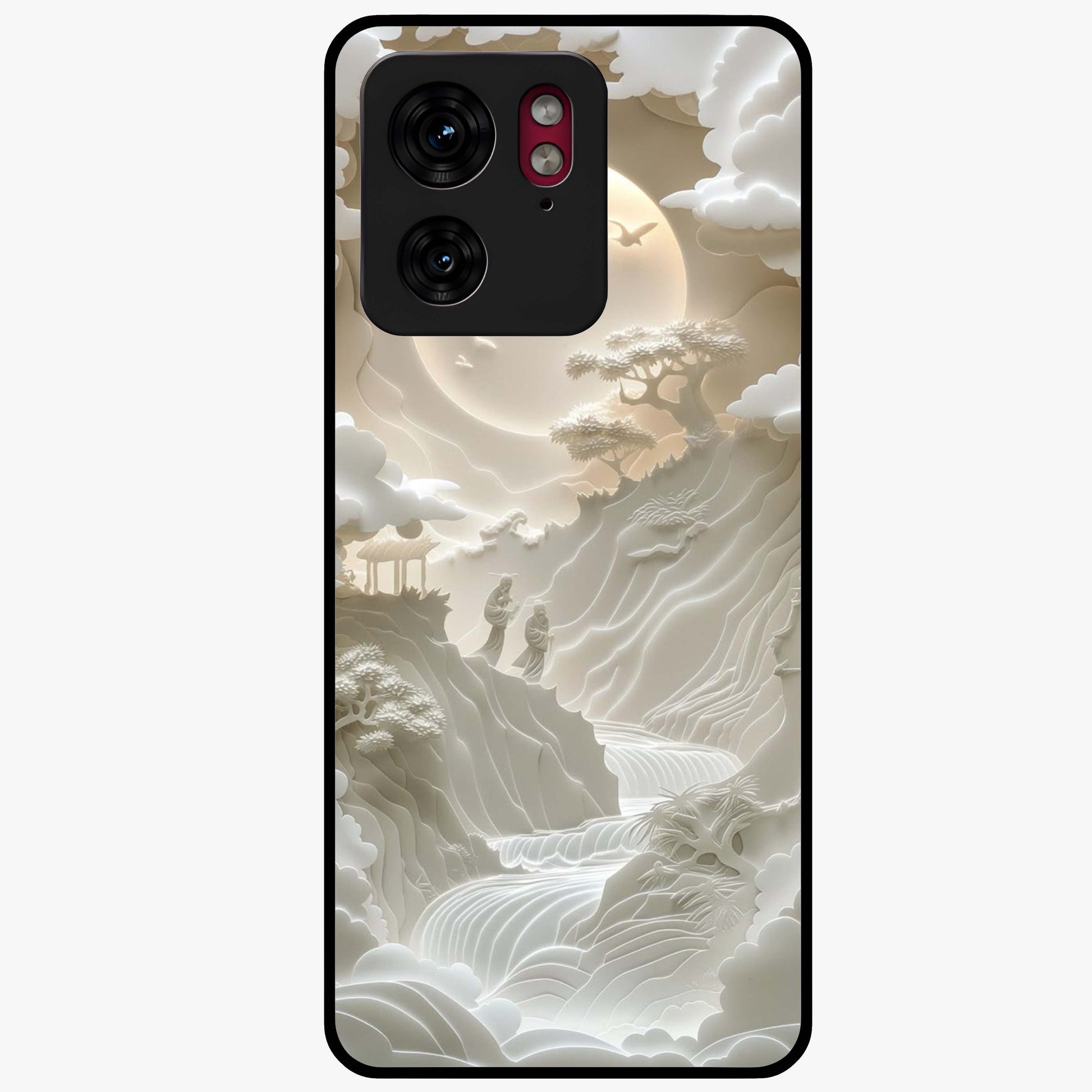 Celestial Origami Glass Case showing flat back view with artistic origami inspired celestial artwork and glossy glass finish.