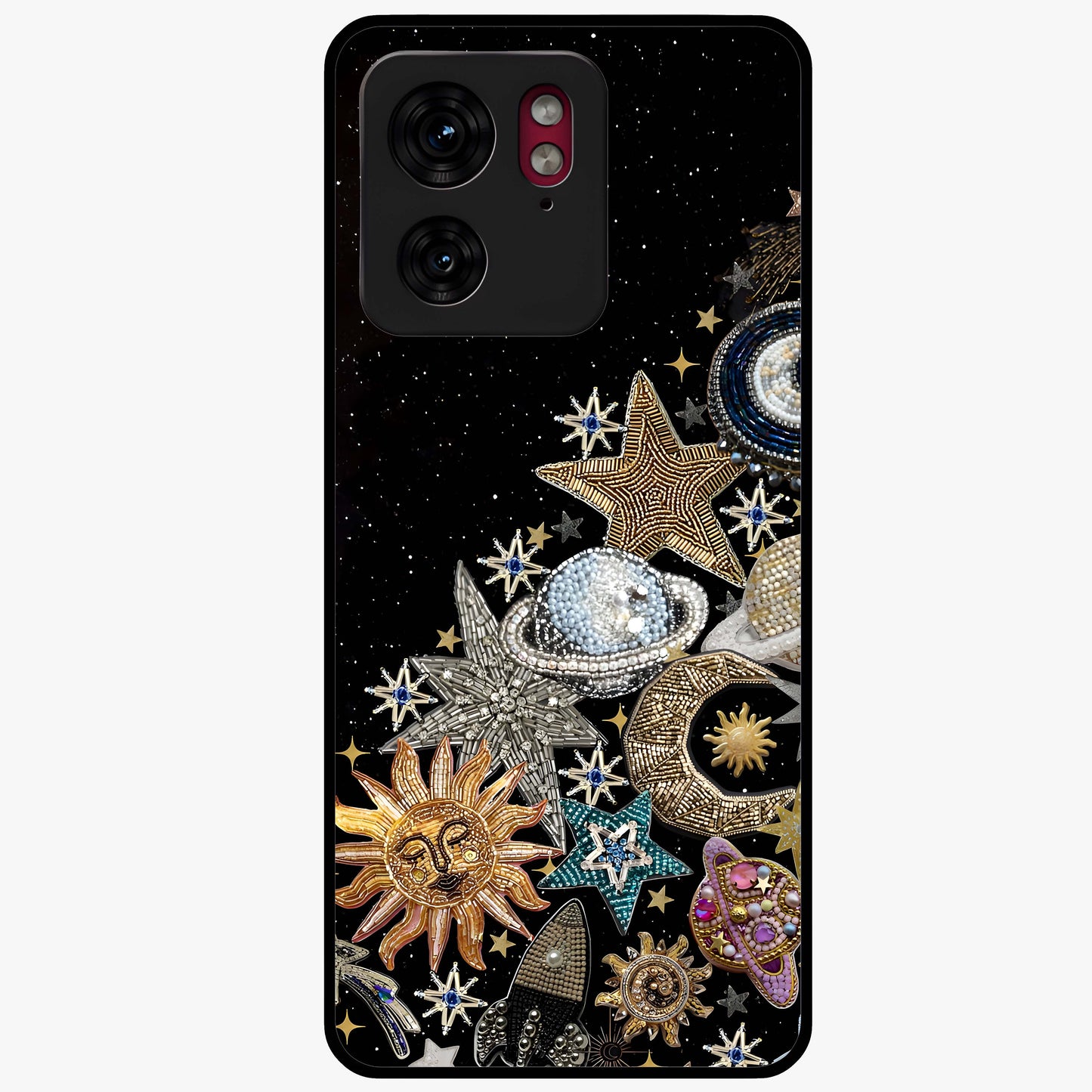 Cosmic Sparkle Dreams Glass Case showing flat back view with sparkling cosmic artwork and glossy glass finish.