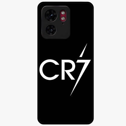 Cr7 Elite Strike Glass Case showing flat back view with dynamic football inspired artwork and glossy glass finish.