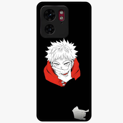 Crimson Chaos Smile Glass Case showing flat back view with bold chaotic smile artwork and glossy glass finish.