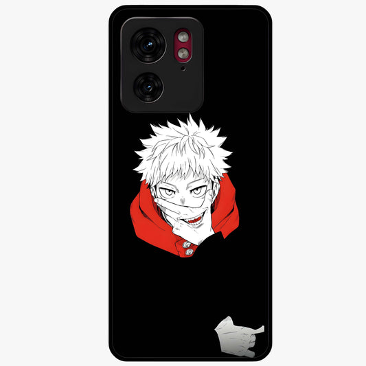 Crimson Chaos Smile Glass Case showing flat back view with bold chaotic smile artwork and glossy glass finish.