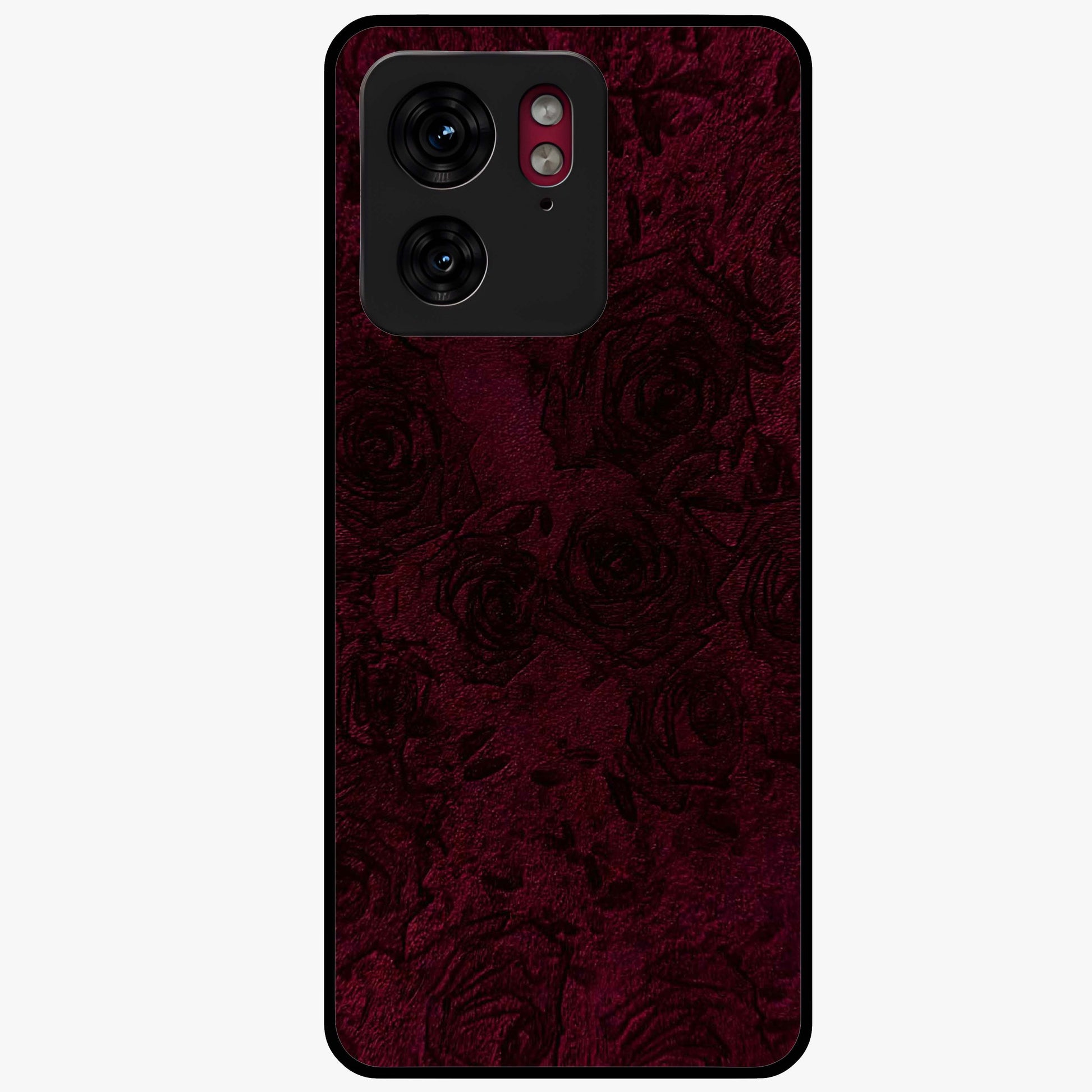 Crimson Fade Flow Glass Case showing flat back view with flowing crimson gradient artwork and glossy glass finish.