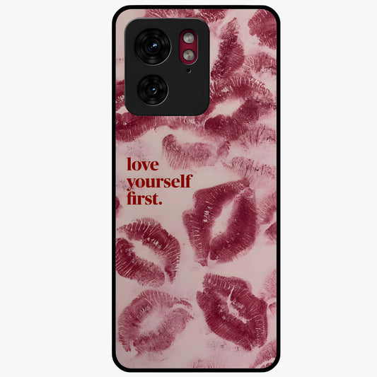 Crimson Kiss Love Glass Case showing flat back view with romantic crimson themed artwork and glossy glass finish.