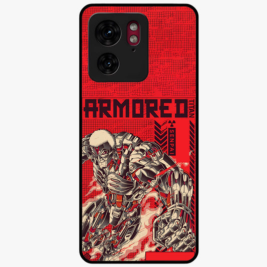 Crimson Mecha Titan Glass Case showing flat back view with powerful mech titan artwork and glossy glass finish.
