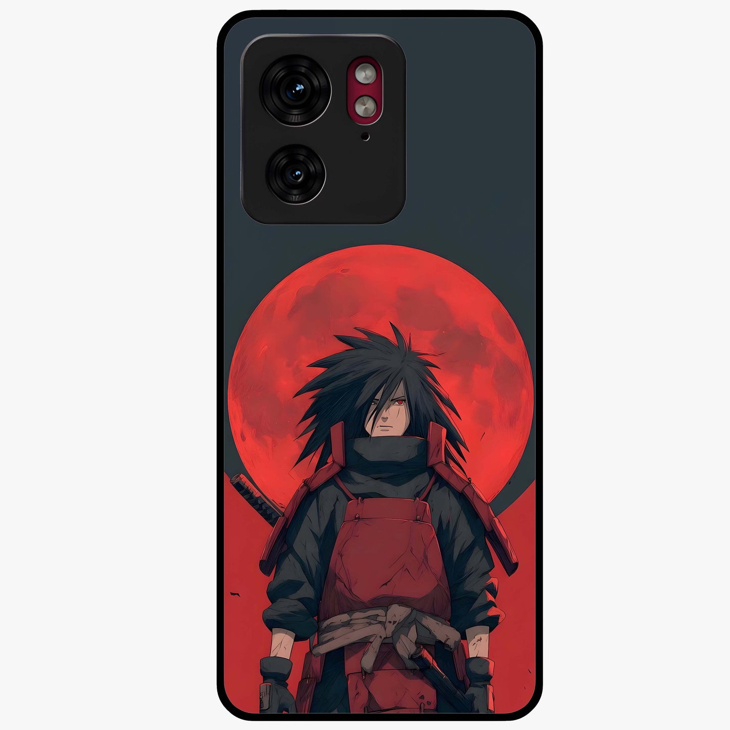 Crimson Moon Warlord Glass Case showing flat back view with mystical moon warrior artwork and glossy glass finish.