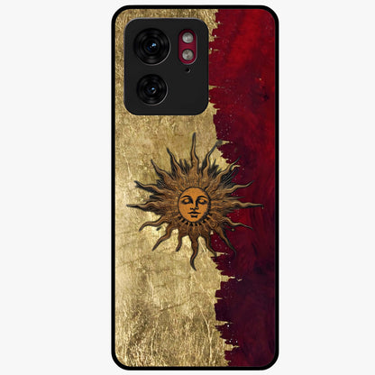 Crimson Sun Majesty Glass Case showing flat back view with radiant sun inspired artwork and glossy glass finish.